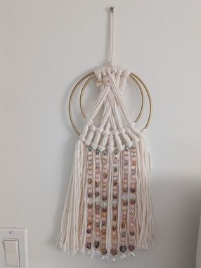 Boho Macramé Wall Hanging with Beaded Fringe - Cream & Gold